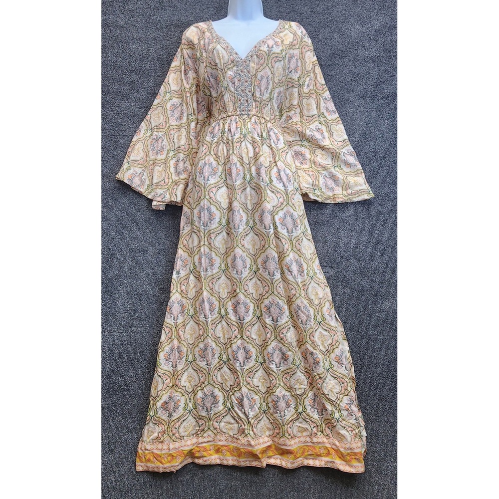 NWT World Market Womens Paisley Boho Hippie Festival Bell Sleeve Maxi Dress S/M
